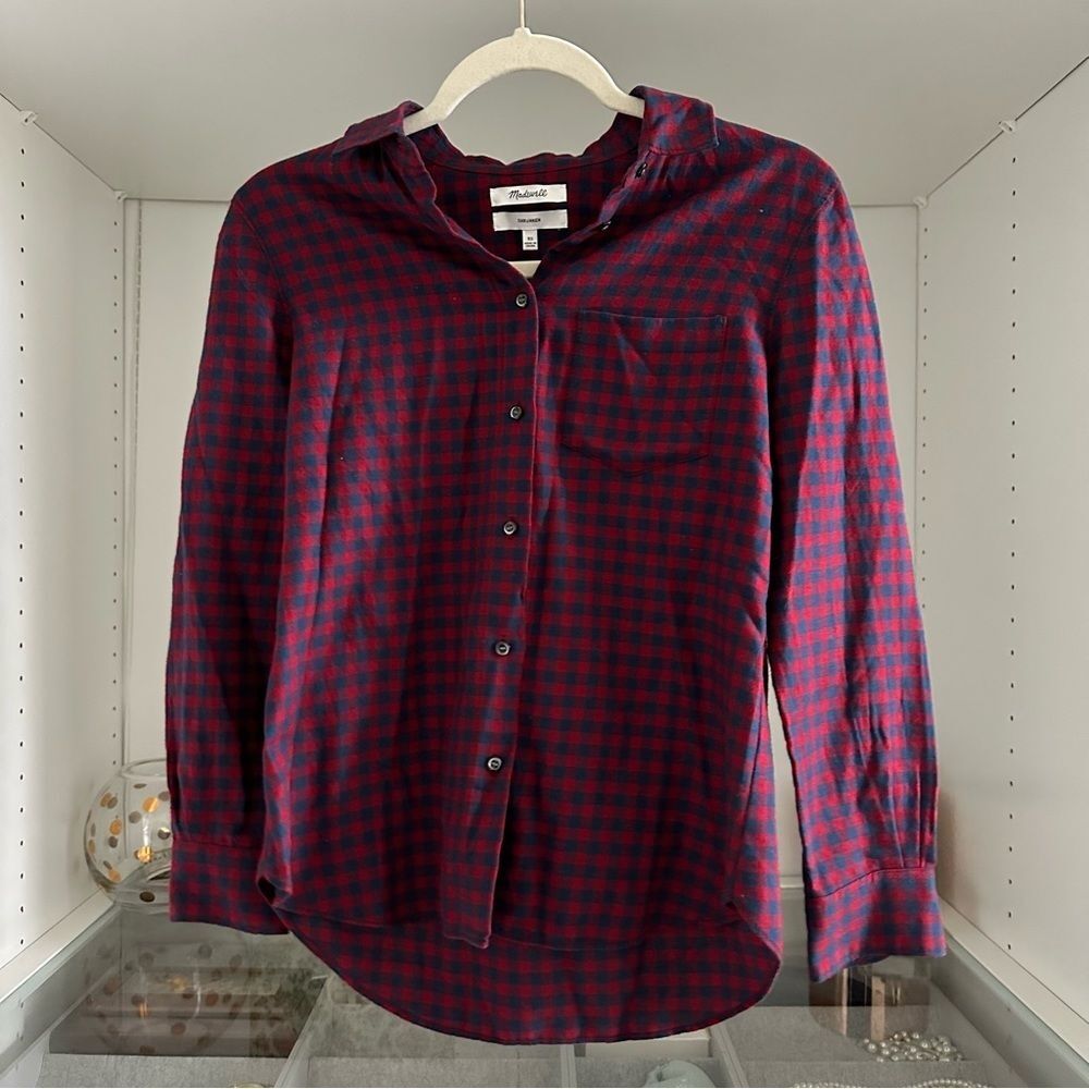 Madewell Gingham Red and Navy Plaid Fall Flannel Button Up Shirt Size XS Western
